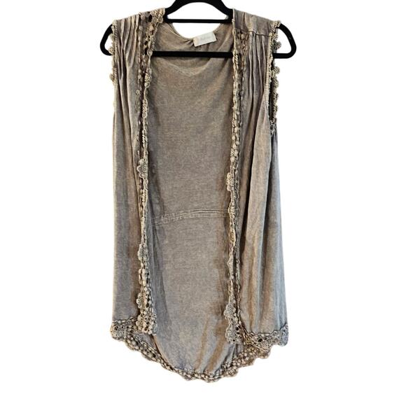 Altar'd State Sweaters - Altar’d State Washed Brown Sleeveless Crochet Trim Open Front Boho Duster Vest L